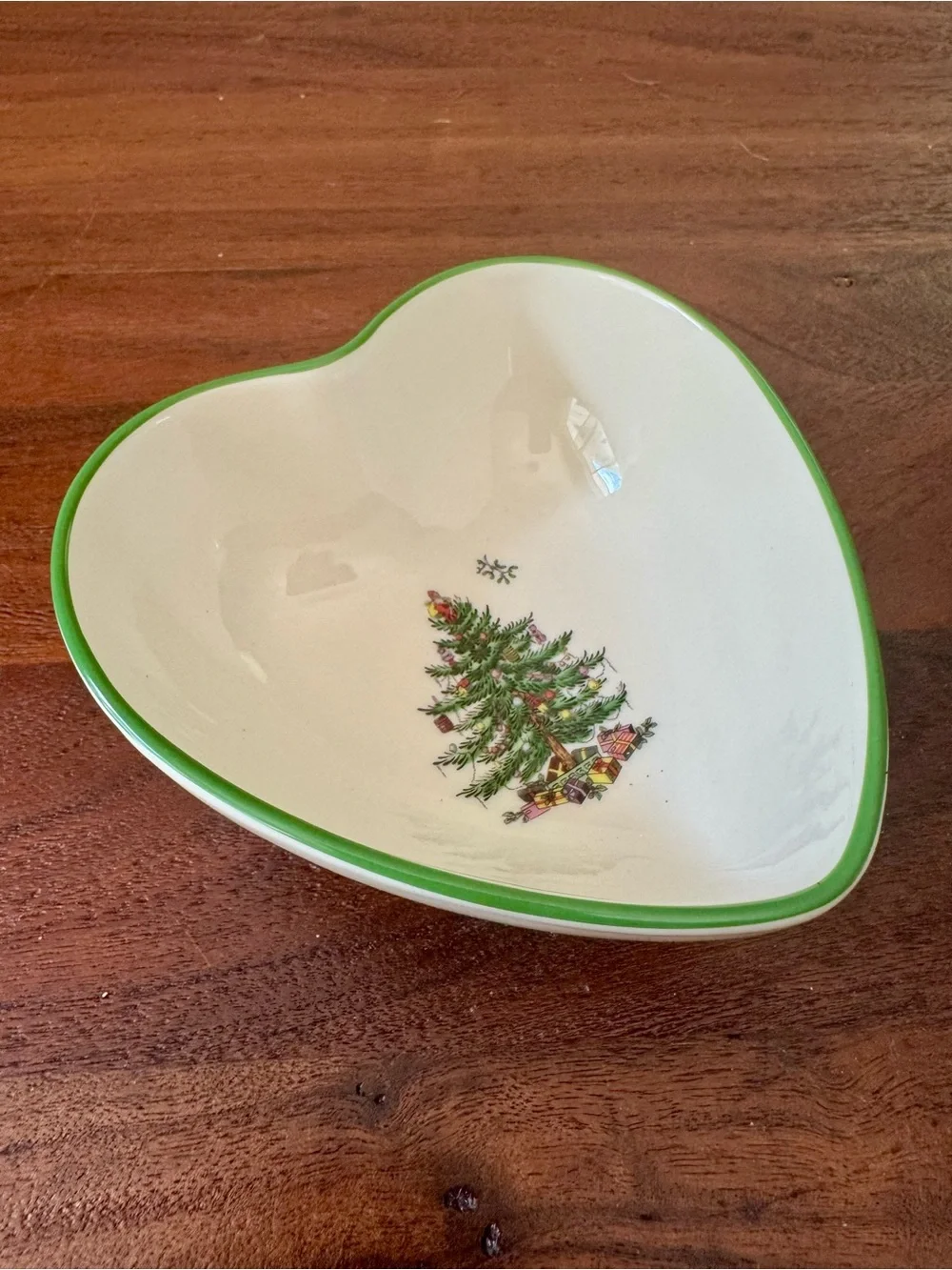 Spode Christmas Tree Heart Shaped Trinket Dish Dip Bowl S3324 England Green Rim